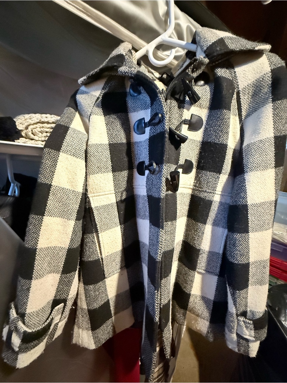 American Rag Black and White Buffalo Check Toggle Pea Coat